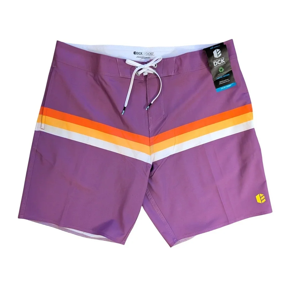 DCK Boardshorts NWT Elvis Purple Retro Stripe Mid Length Swim Trunks- Men's 34‎